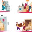 house-moving-service-concept-4-cartoon-compositions-with-movers-packers-carrying-family-belongings-into-van-vector
